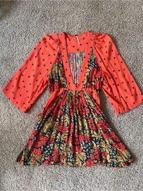 Free People Coral Mixed-Print Mini Dress, Bohemian